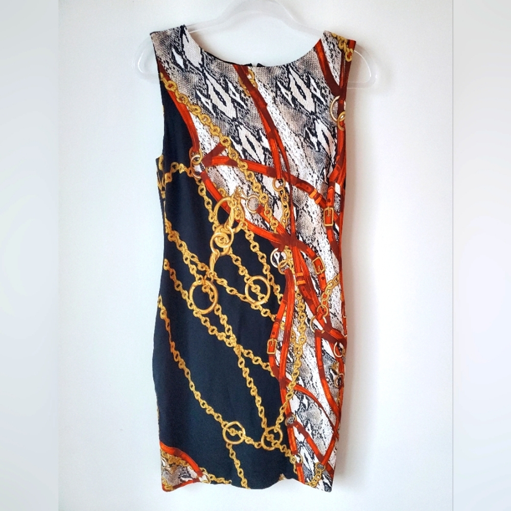 Cache Swanky Chains and Snakeskin Sleeveless Dress Red Gold Black